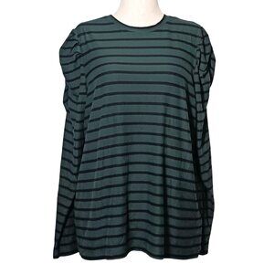 Ella Rafaella Green/Black Striped Long Ruched Puff Sleeve Crew Neck Top Size 2X